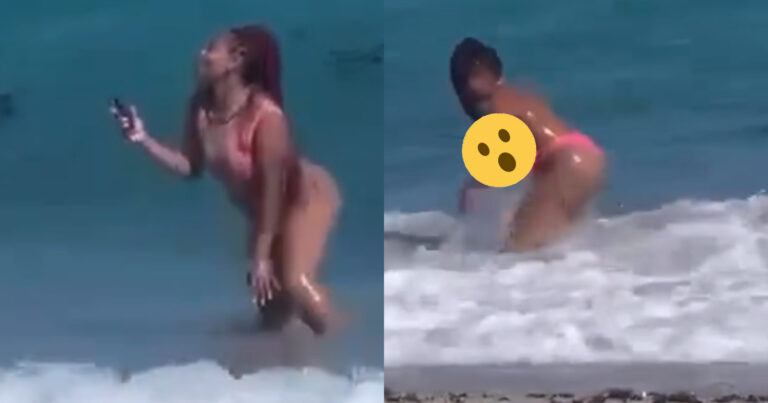 Influencer poseert aan zee maar golf zorgt voor ‘badpakblunder’! (fails)