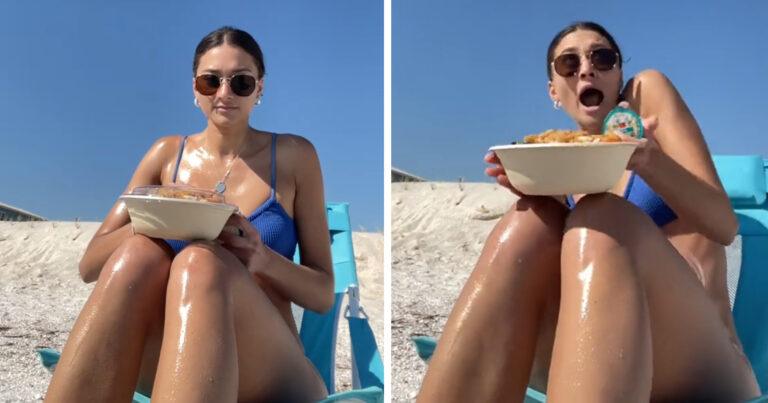 Vrouw wil slaatje eten op het strand, maar dan gebeurt DIT: “Mijn ergste nachtmerrie!” (video)