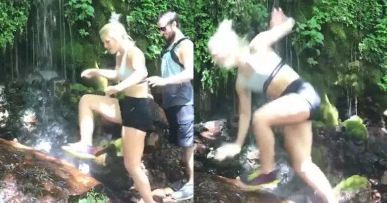 Dame wil poseren op natte rots. Dat was een SLECHT plan! (fails)