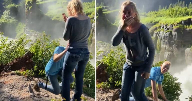 Huwelijksaanzoek aan waterval gaat volledig mis. Of toch niet? (video)