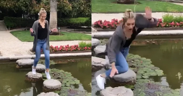 Dame huppelt gezwind over stenen in vijver. Maar dan gaat het FOUT! (video)