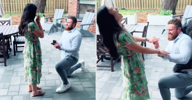 Man vraagt vriendin ten huwelijk, maar hitsige hond steelt de show: “Hilarisch!” (video)