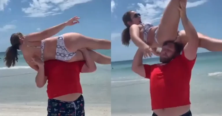 Man wil stoer doen door vrouw boven zijn hoofd te tillen. Resultaat? AUCH! (fails)