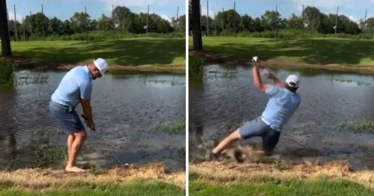 Golfer probeert bal te slaan bij meertje, maar dat gaat hilarisch fout (video)