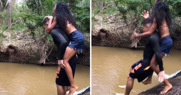 Koppel wil samen in het water springen, maar dat gaat PIJNLIJK fout: “Oh nee!” (video)