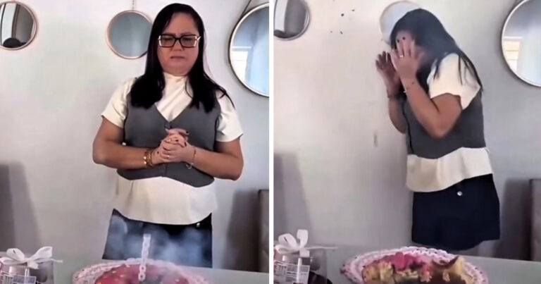 Gezin fopt mama met ‘kaars’ op verjaardagstaart, maar het knalt iets te hard… (video)