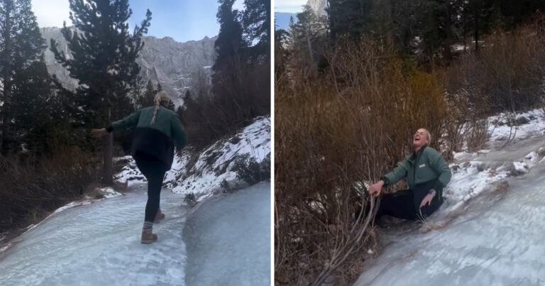 Wandelaarster waagt zich aan ijzig pad, maar eindigt in de struiken (video)
