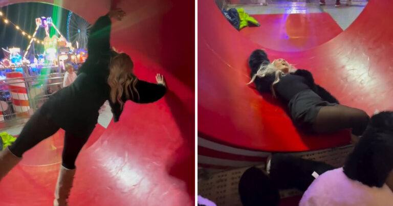 Vrouw probeert recht te blijven in draaiende ton, maar helaas… (video)