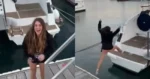 Dame wil op boot springen, maar dan? KLETSNAT! (fails)