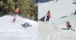 Influencer poseert in bikini op skipiste, maar snowboarder geeft haar een ijskoude ‘sneeuwdouche’! (video)