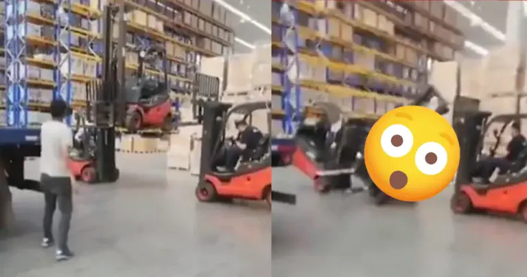 WOOPS: Heftruck lossen met twee andere heftrucks gaat grondig mis (fails)