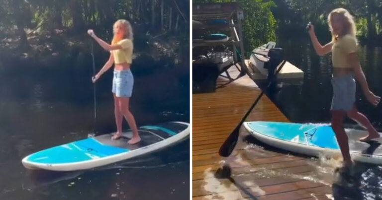 AUCH! Dame op paddleboard misstapt bij het aanmeren (video)