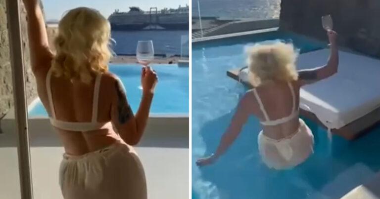 Dame wandelt elegant het zwembad in, maar dan… (video)