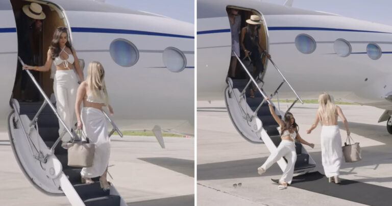 Influencer stapt uit privévliegtuig, maar schuift dan pijnlijk hard uit (video)