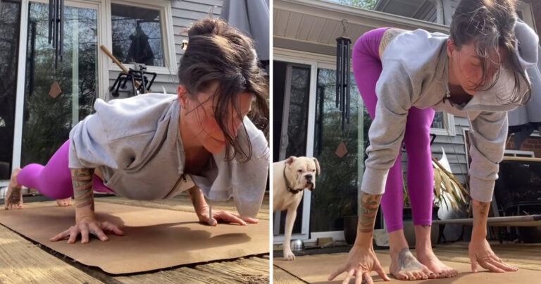 Vrouw doet onschuldige yoga-oefening, maar dan steelt haar hond de show… (video)