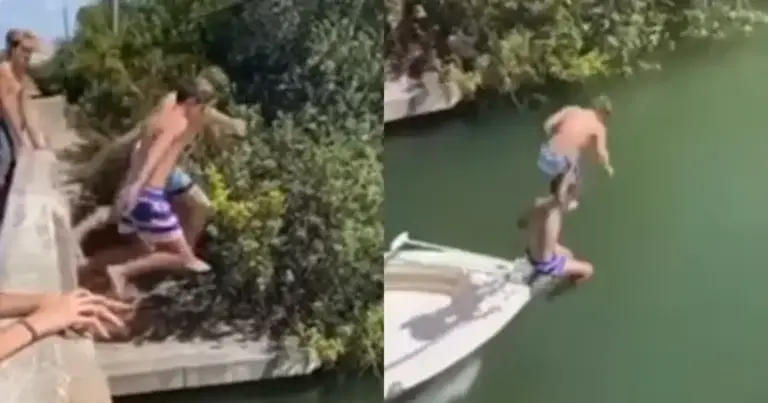 Jongeren springen van brug het water in. Maar dan? WOW! (video)