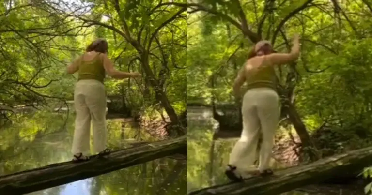 Dame wil via omgevallen boom het water oversteken. Maar dan? KLETSNAT! (fails)