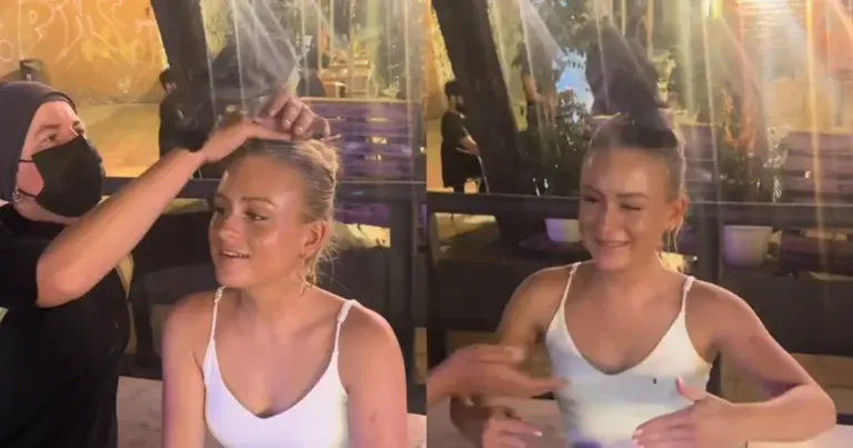 Dame laat vogel op haar hoofd zetten tijdens avondje uit. Maar dan? BAH! (fails)