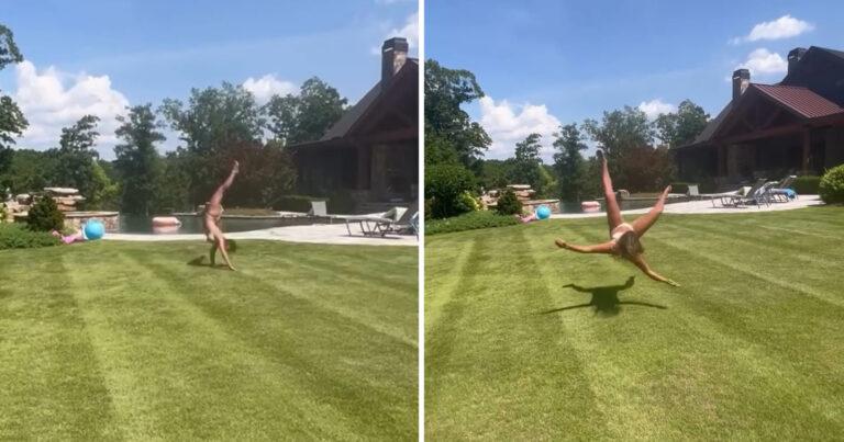 Dame waagt zich aan achterwaartse salto, maar dat eindigt pijnlijk (video)