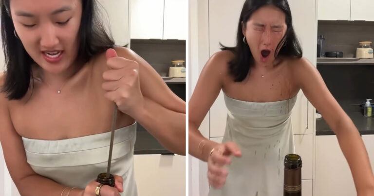 Vrouw probeert peperdure fles wijn te ontkurken, maar dat gaat volledig fout! (video)