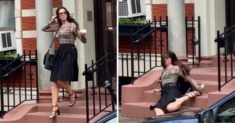 Anne Hathaway valt van trap tijdens opnames: “Dat zag er pijnlijk uit!” (video)