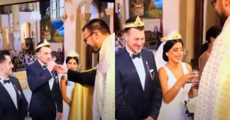 ‘Gulzige’ bruidegom zorgt voor hilariteit aan het altaar (video)