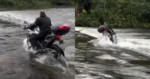 Zelfverzekerde motard trotseert woeste rivier. Slecht plan! (fails)