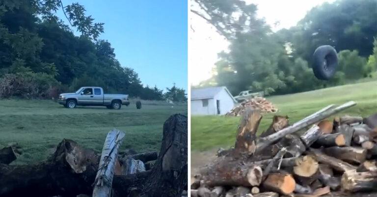 Pick-up truck verliest band en dan wordt het even héél spannend! (video)