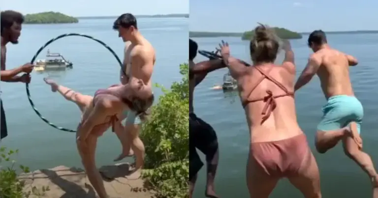 Dame maakt zich klaar voor gevaarlijke sprong. Maar dan? HAHA! (video)