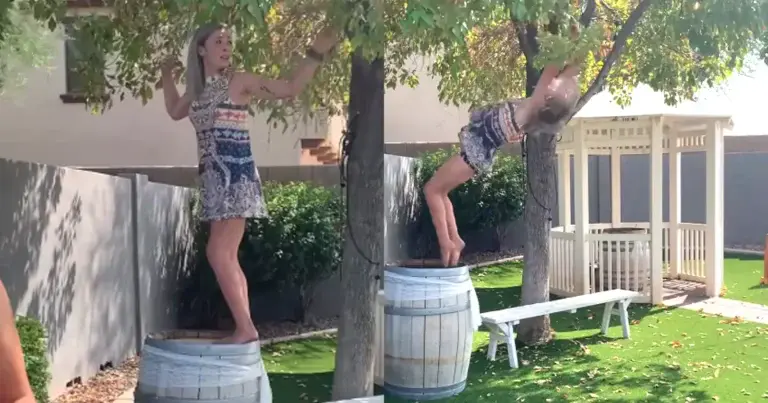 Lenige dame waagt zich aan straffe sprong vanop ton. Maar dan? AUCH! (video)