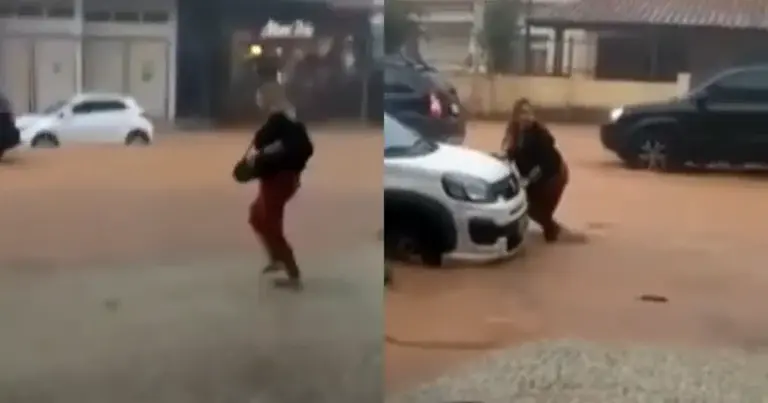 Dame loopt snel door de regen om niet té nat te worden. Maar helaas… (video)