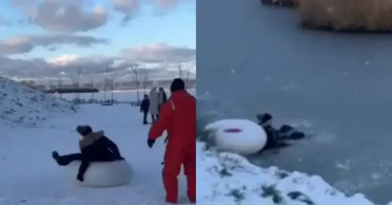 WOOPS: Dame eindigt met kletsnatte (én ijskoude) broek na winterpret (fails)