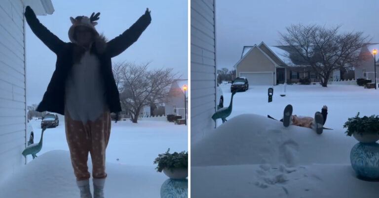 Vrouw wil elegant in bergje sneeuw vallen, maar dat pakt compleet anders uit (video)