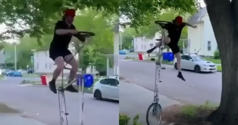 AUCH: ‘Stuntman’ op torenhoge fiets maakt lelijke val! (fails)