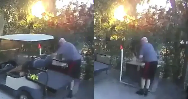 Man stapt rustig uit zijn golfkarretje, maar plots? WOOPS! (fails)