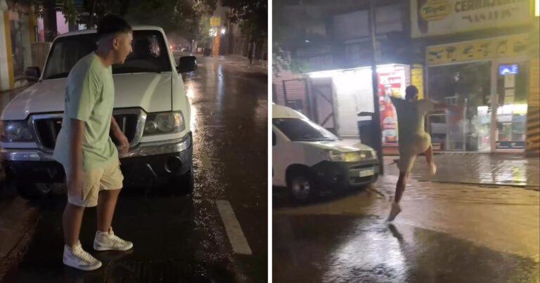 Man wil over regenplas springen, maar dat loopt pijnlijk mis! (video)