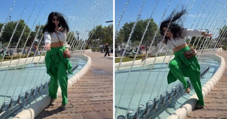 Influencer loopt achteruit richting fontein… en dat zorgt voor nattigheid (video)