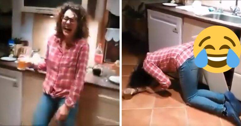 Dame gaat stuk van het lachen… en er gaat nog meer stuk! (video)