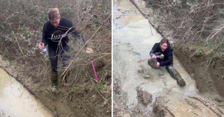 OH NEE! Vrouw glijdt uit en belandt in modderpoel (video)