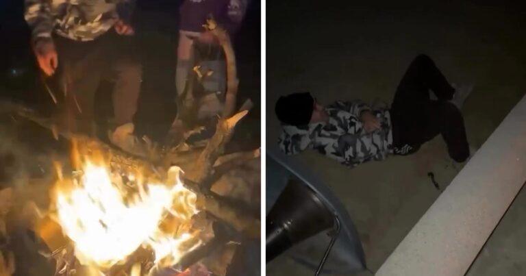 Kerel gaat op kampvuurtje staan… maar dit einde had niemand verwacht! (video)