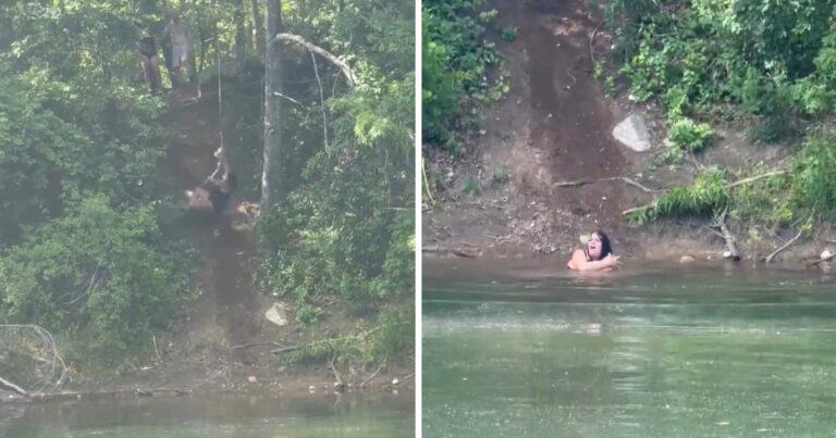 Vrouw wil met touw in het water slingeren, maar dat loopt helemaal mis… (video)