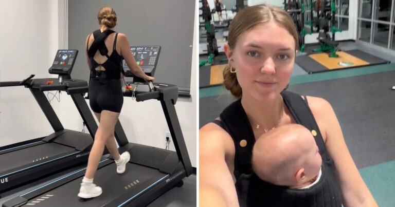 Influencer onder vuur omdat ze baby draagt tijdens fitnessen: “Zo gevaarlijk!” (video)